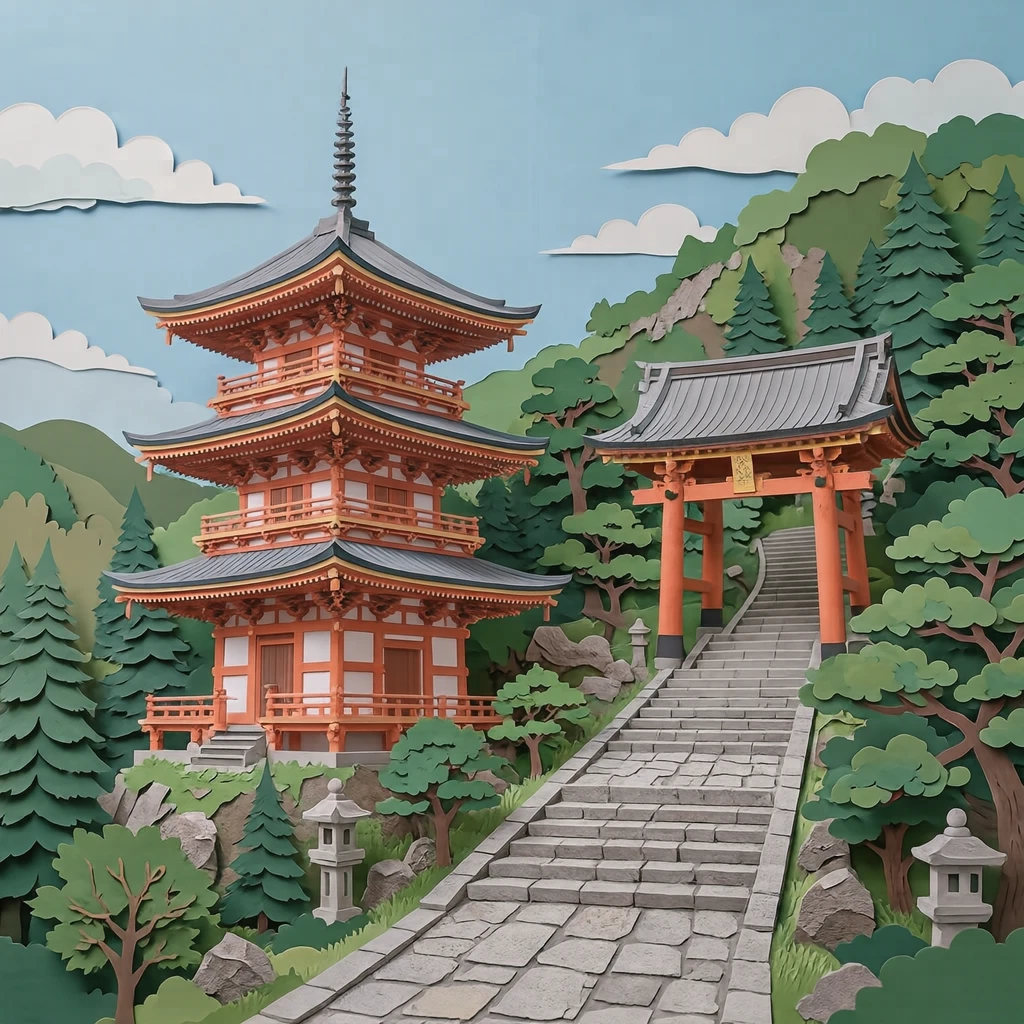 世界遺産・清水寺の三重塔と参道のイラスト(切り絵)