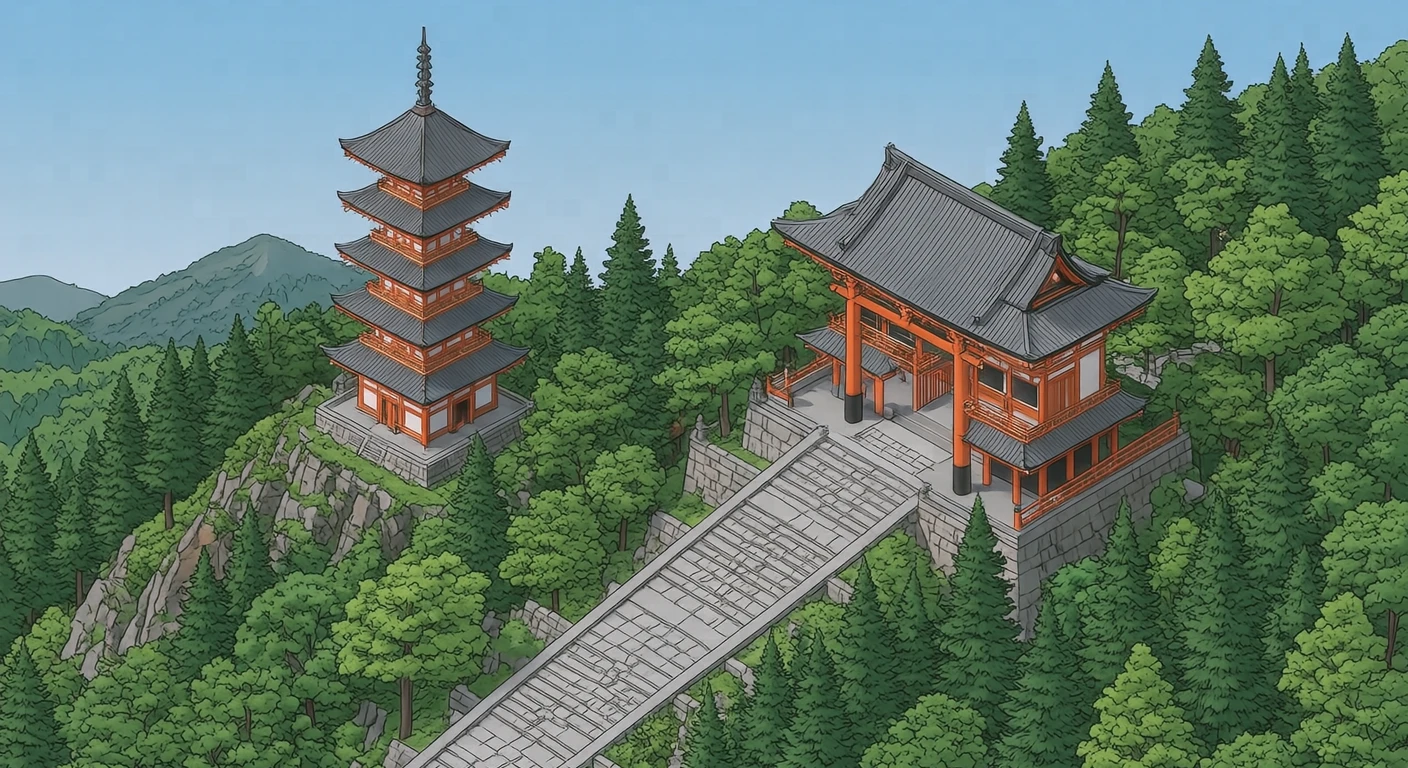 世界遺産・清水寺の三重塔と参道のイラスト(アイソメトリック)