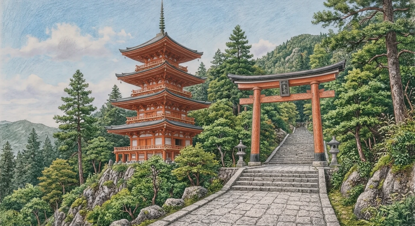 世界遺産・清水寺の三重塔と参道のイラスト(色鉛筆)