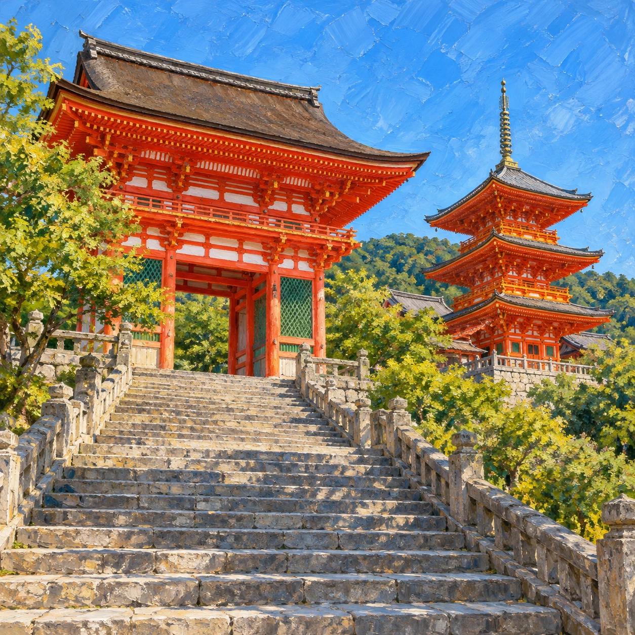世界遺産・清水寺の三重塔と参道のイラスト（油彩）