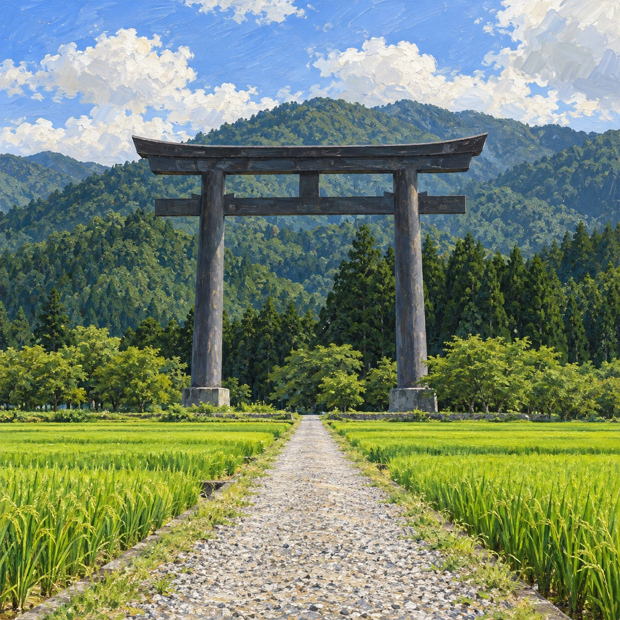 世界遺産・熊野本宮大社 大斎原の大鳥居のイラスト（油彩）
