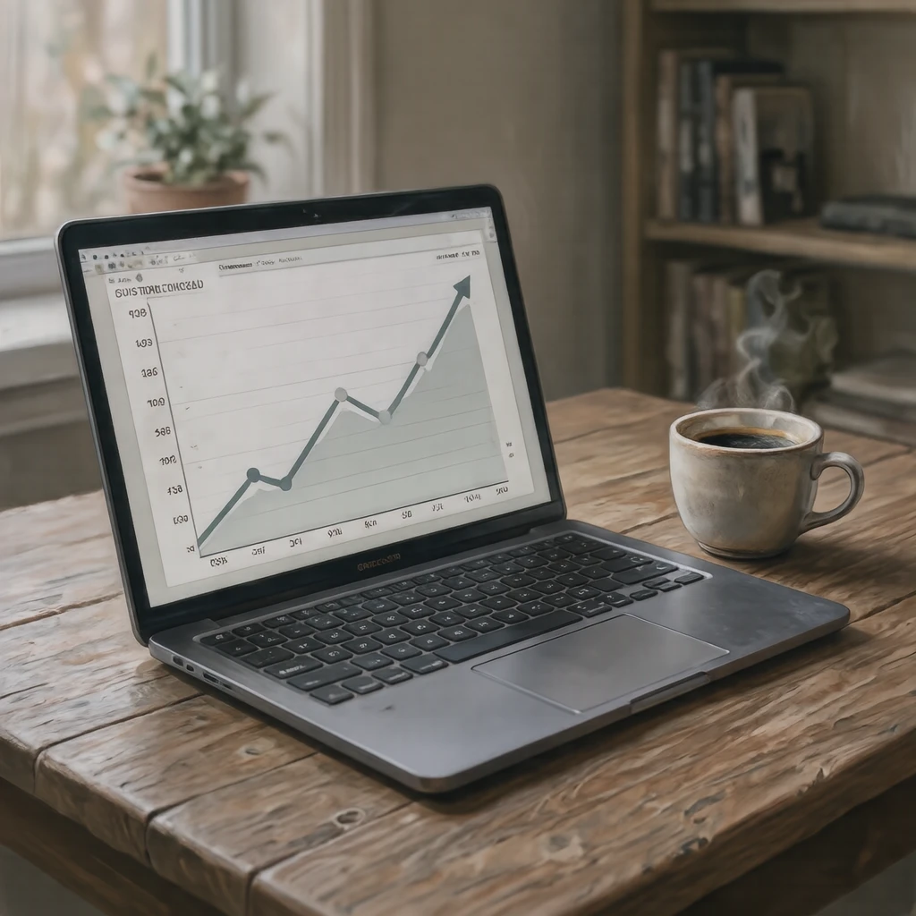 右肩上がりの折れ線グラフが映ったノートPCとコーヒーのイラスト(写実)