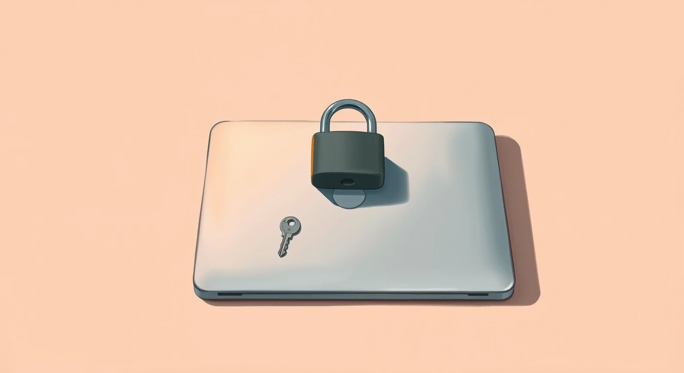 南京錠のかかったノートパソコンのグアッシュ画風イラスト