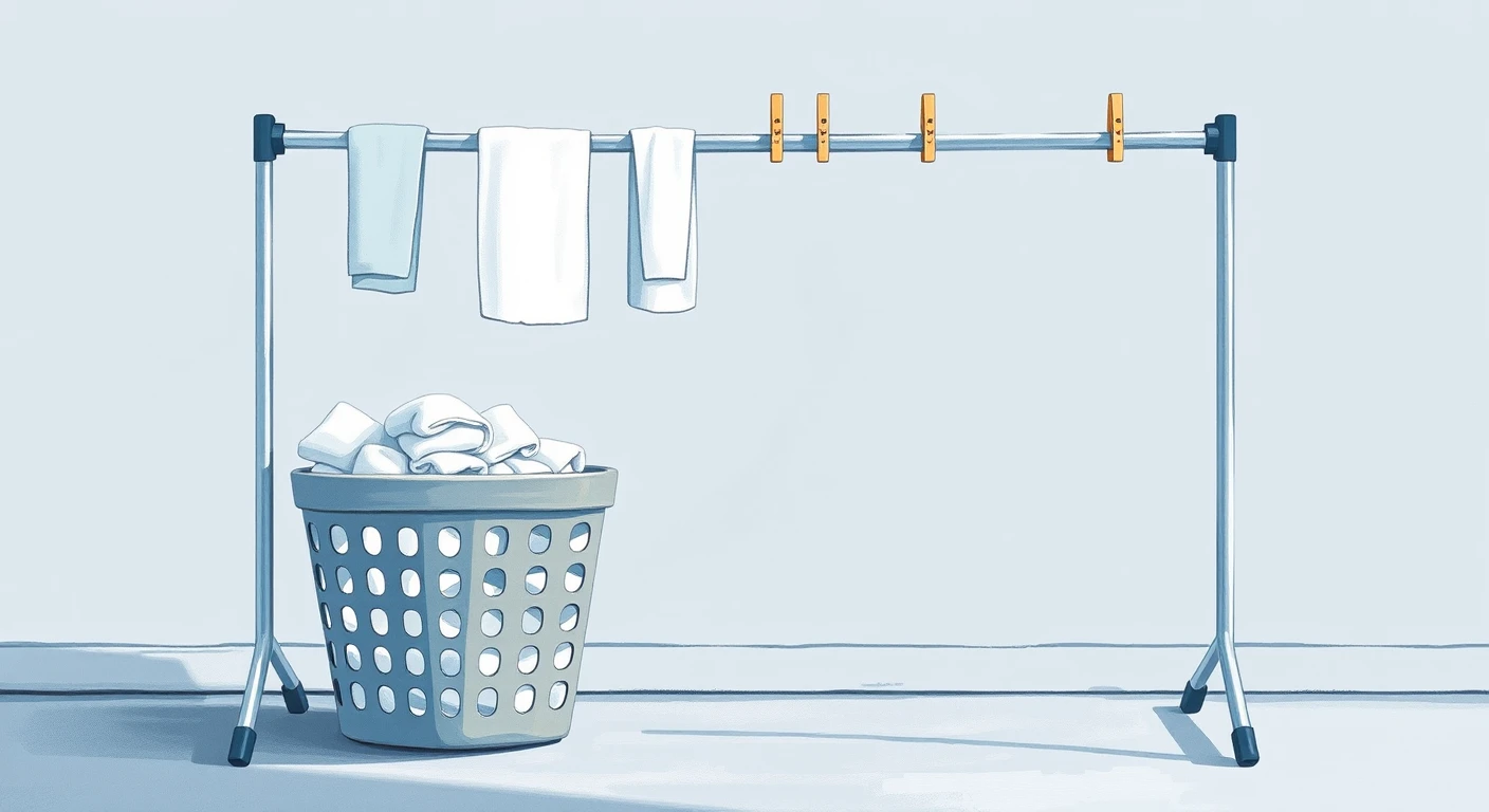 室内の物干しラックとタオル・洗濯かごのイラスト