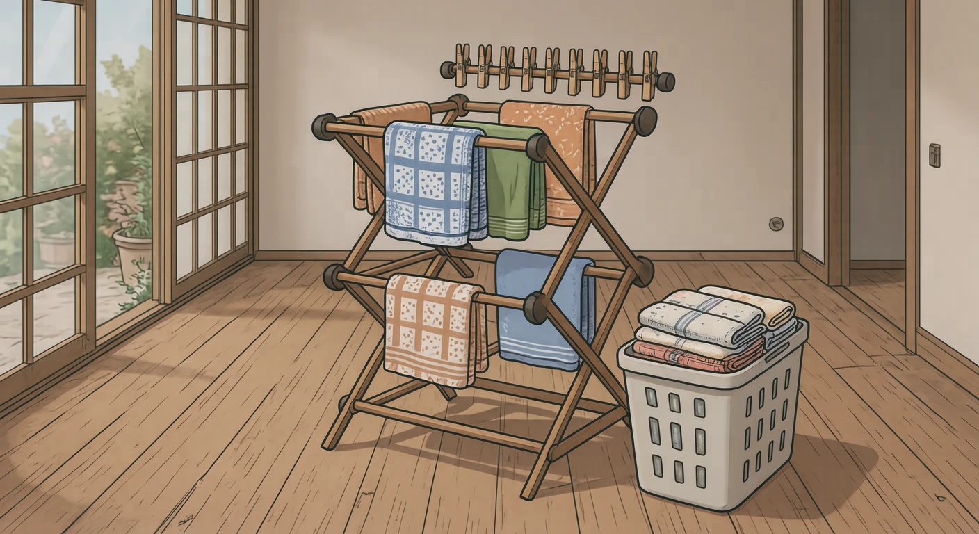 Illustration of an indoor drying rack with towels and a laundry bin (anime cel-shaded)