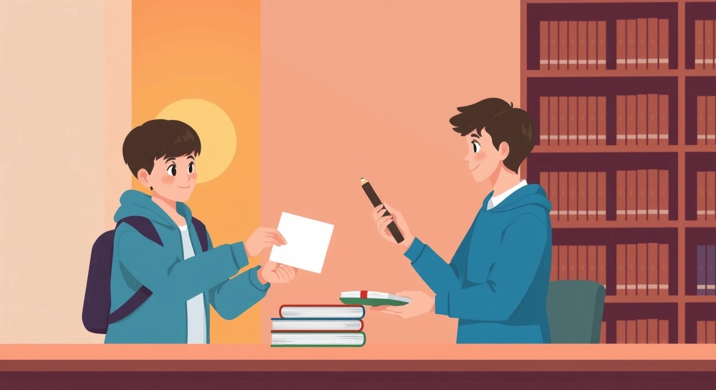図書委員として貸出カウンターに立つ生徒のイラスト