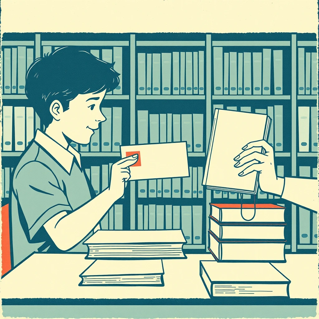 図書委員として貸出カウンターに立つ生徒のイラスト