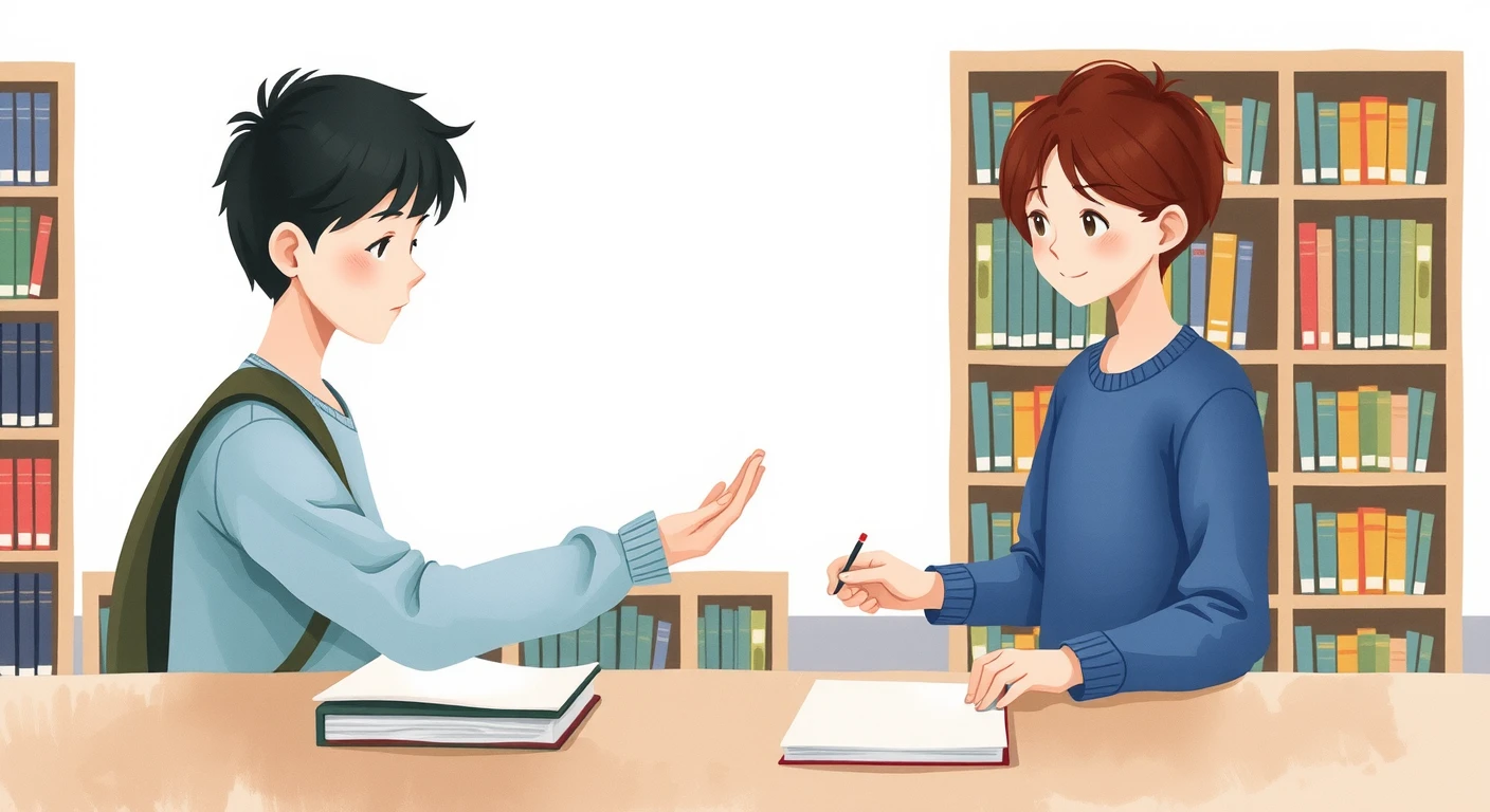 図書委員として貸出カウンターに立つ生徒のイラスト