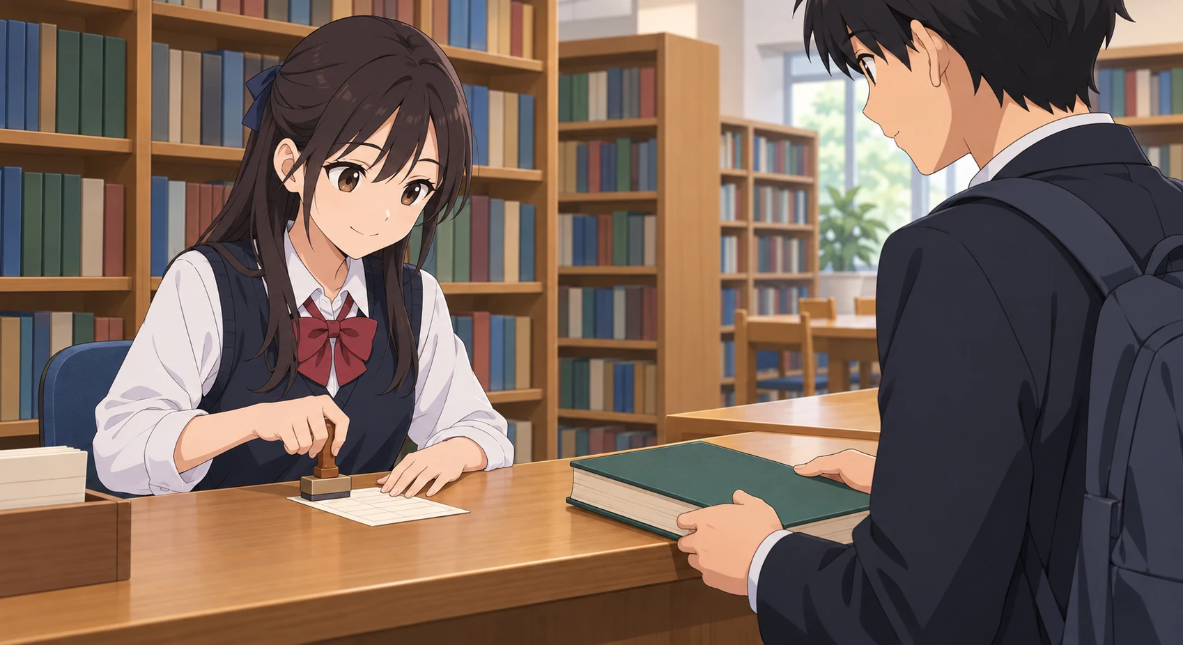 Illustration of a student on library committee duty at the lending desk (anime cel-shaded)