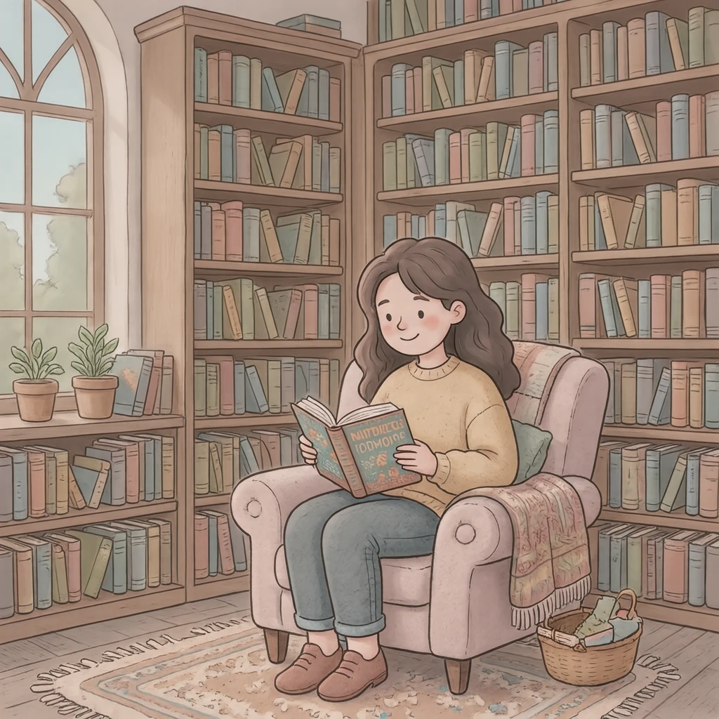 図書館で本を読む人のイラスト（ソフトパステル）