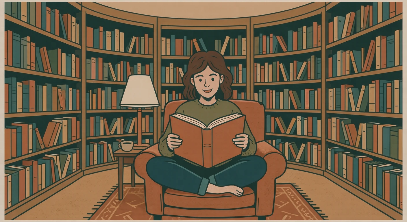 図書館で本を読む人のイラスト（グラフィックポスター）