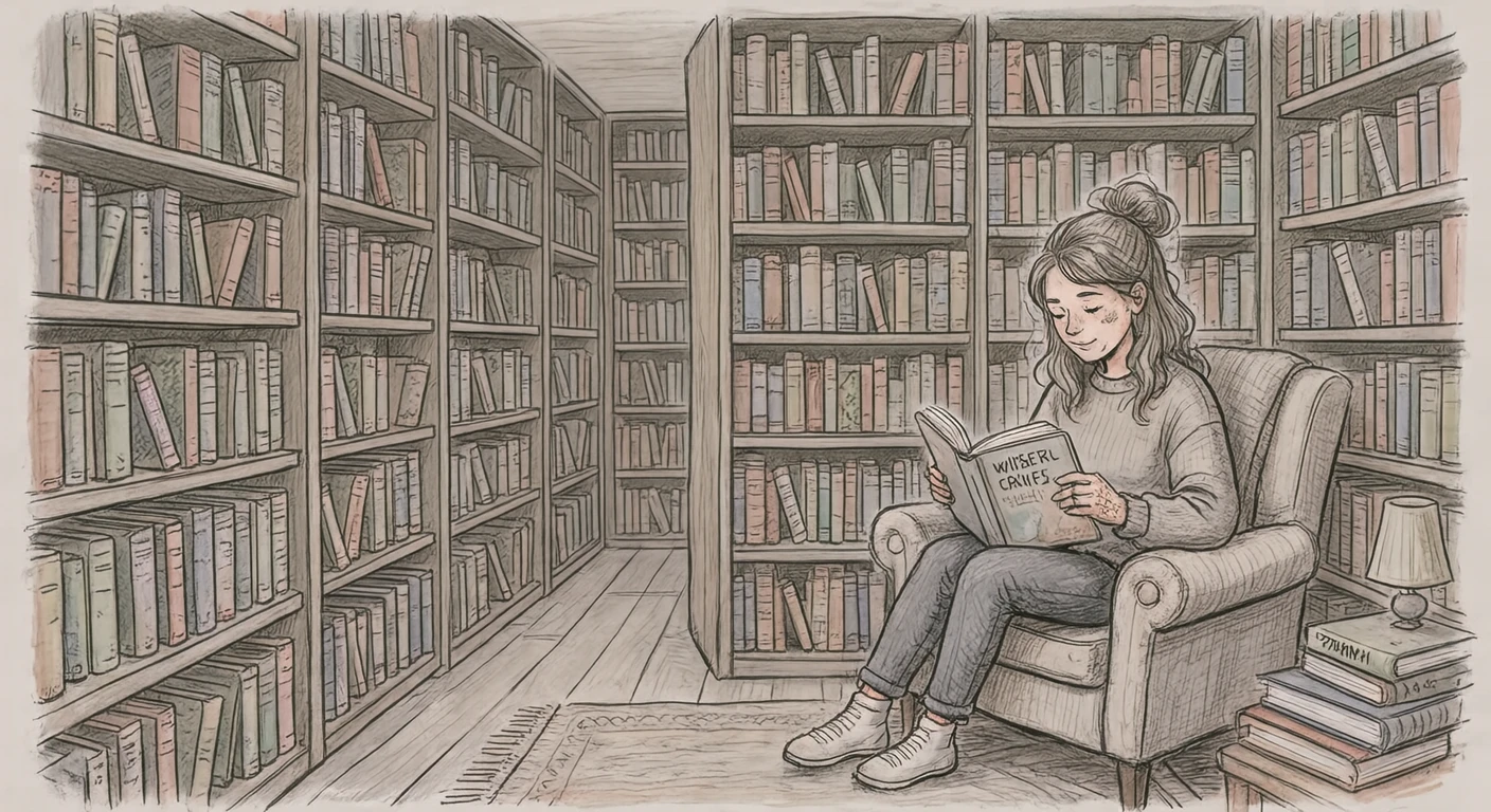 図書館で本を読む人のイラスト（手描き風）