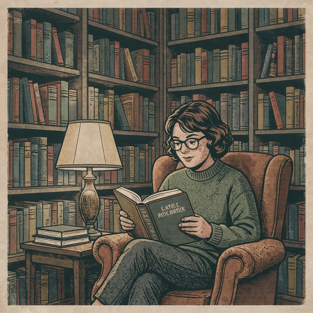 図書館で本を読む人のイラスト（レトロ印刷）