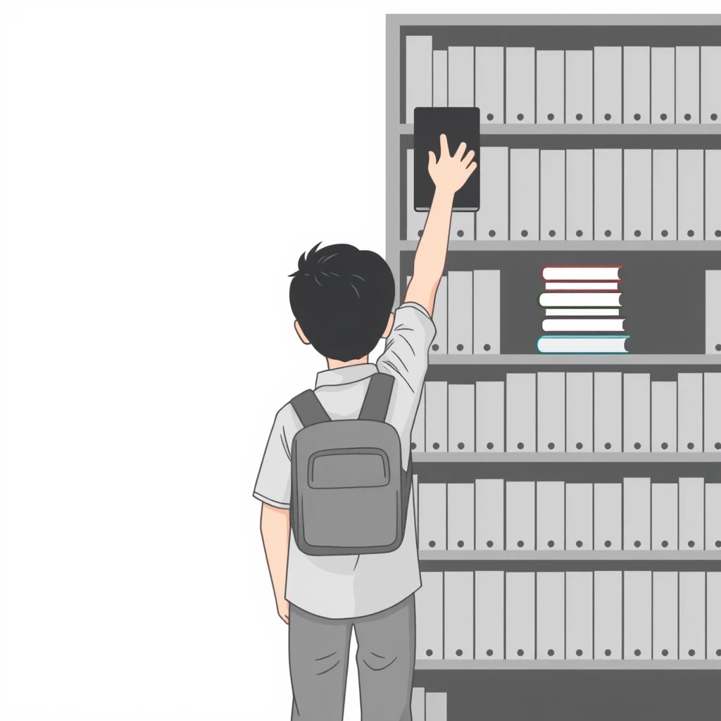 図書室の書架から本を選ぶ生徒のフラットイラスト