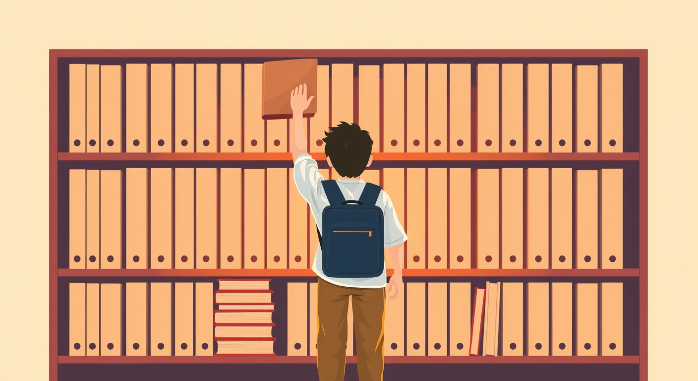 図書室の書架から本を選ぶ生徒のフラットイラスト