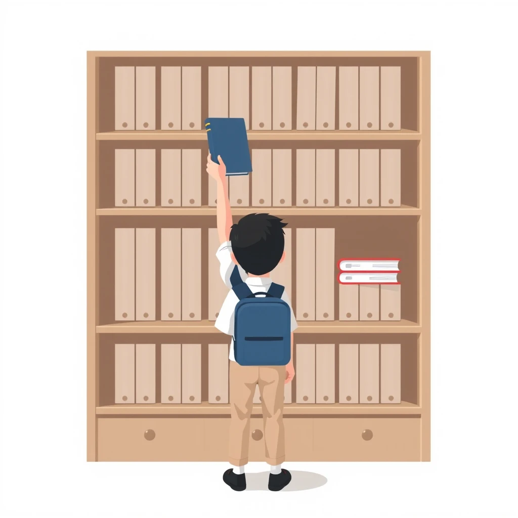 図書室の書架から本を選ぶ生徒のアイソメトリックイラスト