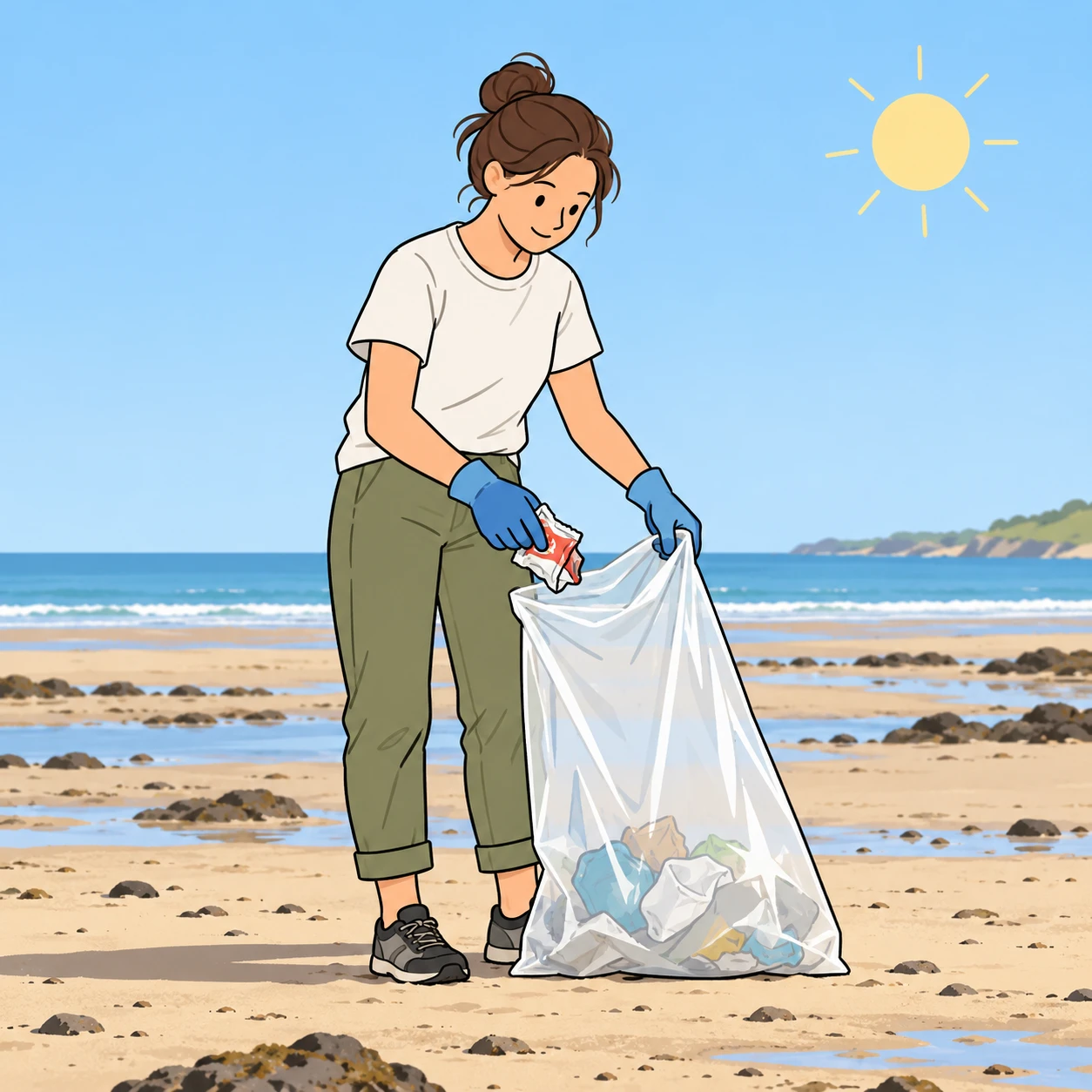 海岸でゴミ袋にゴミを入れるボランティアのイラスト（シンプル線画）