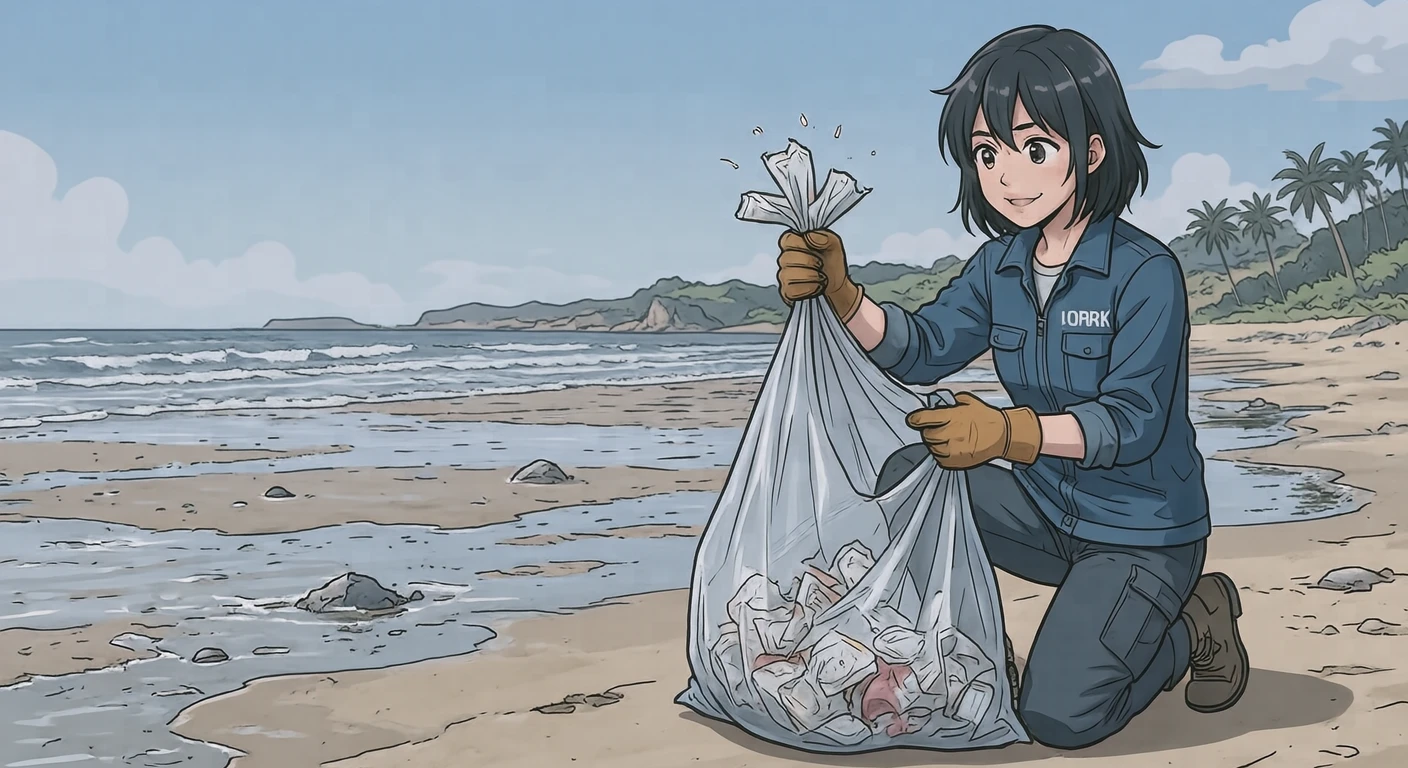 海岸でゴミ袋にゴミを入れるボランティアのイラスト（アニメ塗り）