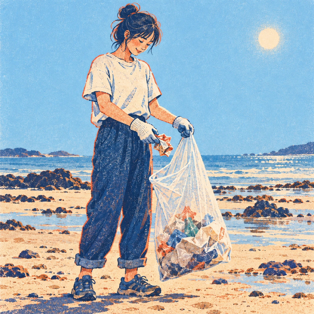 海岸でゴミ袋にゴミを入れるボランティアのイラスト（レトロ印刷）