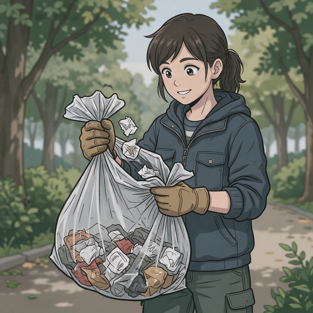 公園でゴミ袋にゴミを入れるボランティアのイラスト（アニメ塗り）