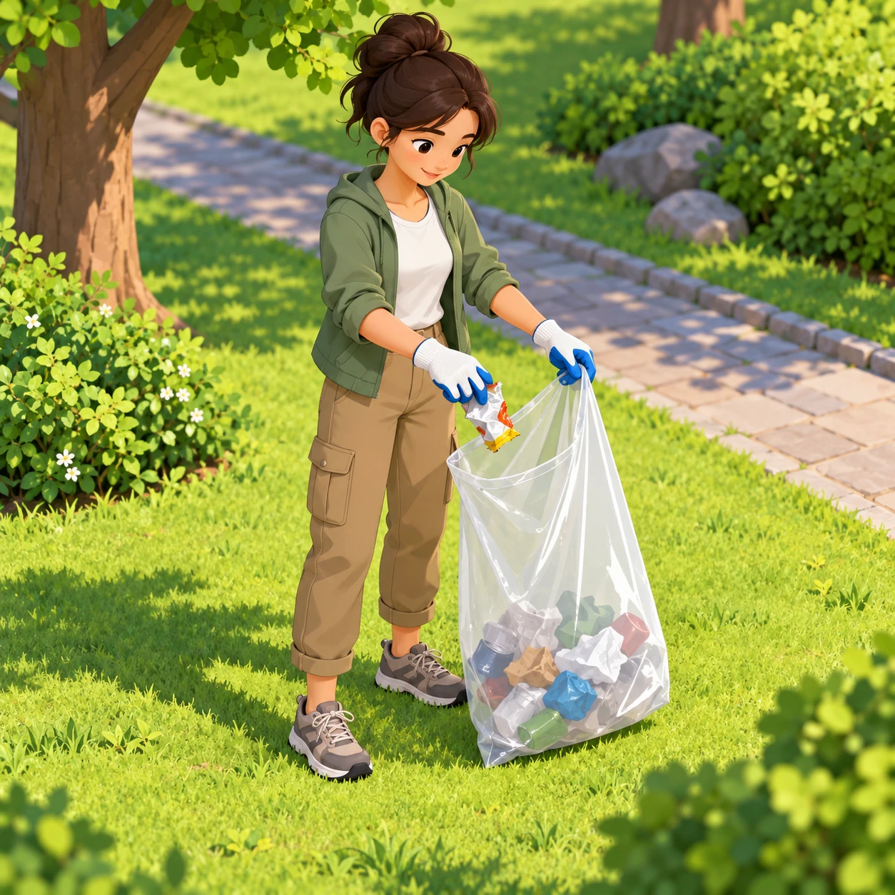 公園でゴミ袋にゴミを入れるボランティアのイラスト（アイソメトリック）