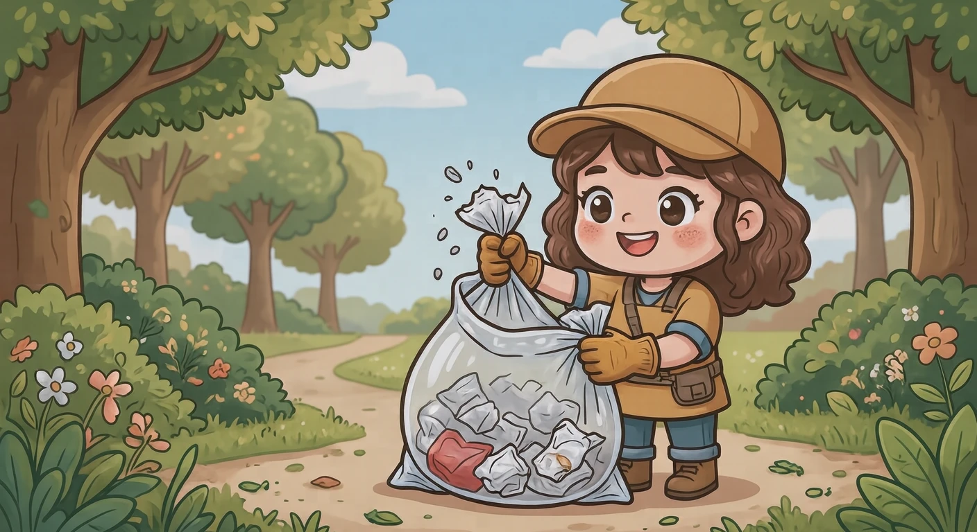 公園でゴミ袋にゴミを入れるボランティアのイラスト（デフォルメ）