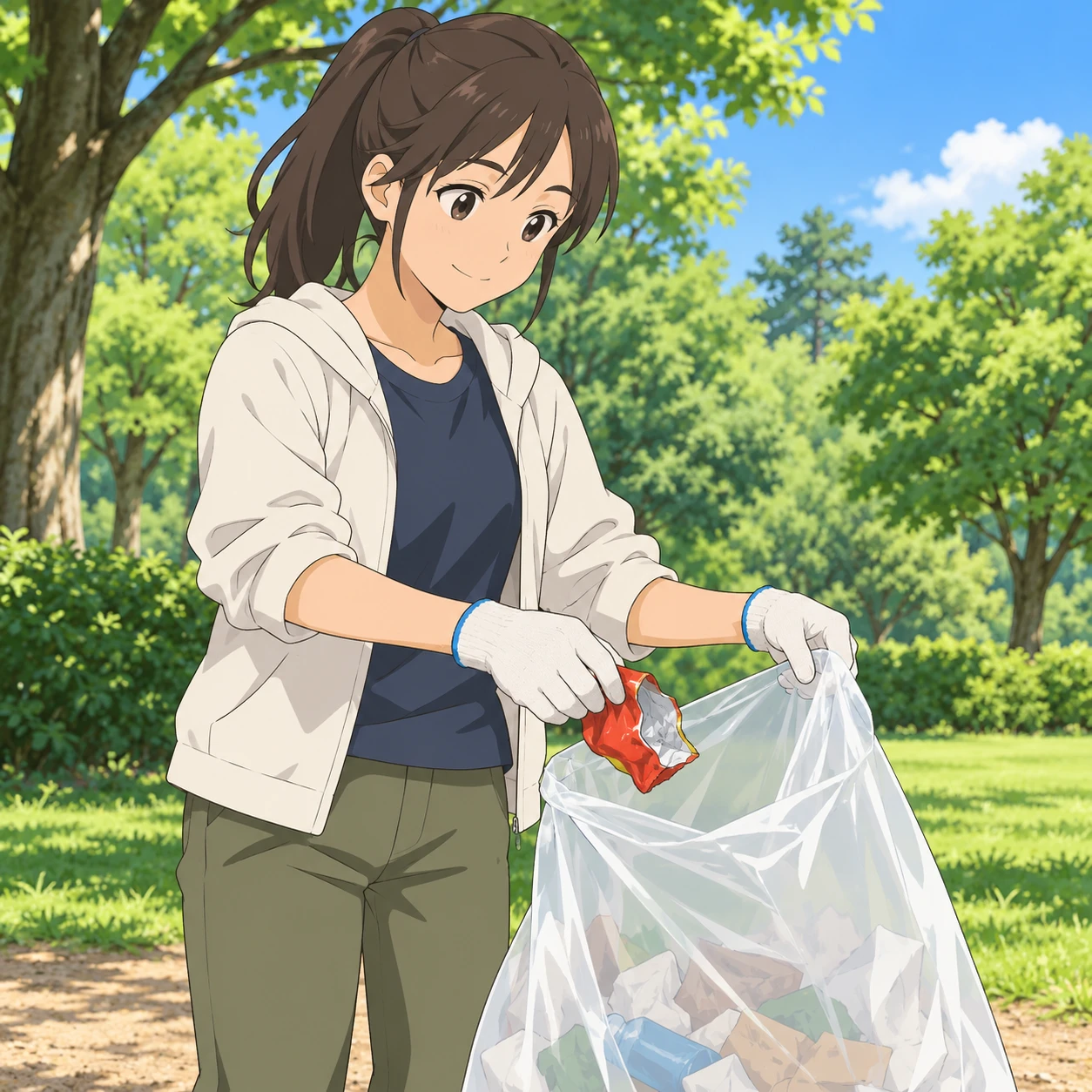 公園でゴミ袋にゴミを入れるボランティアのイラスト（アニメ塗り）