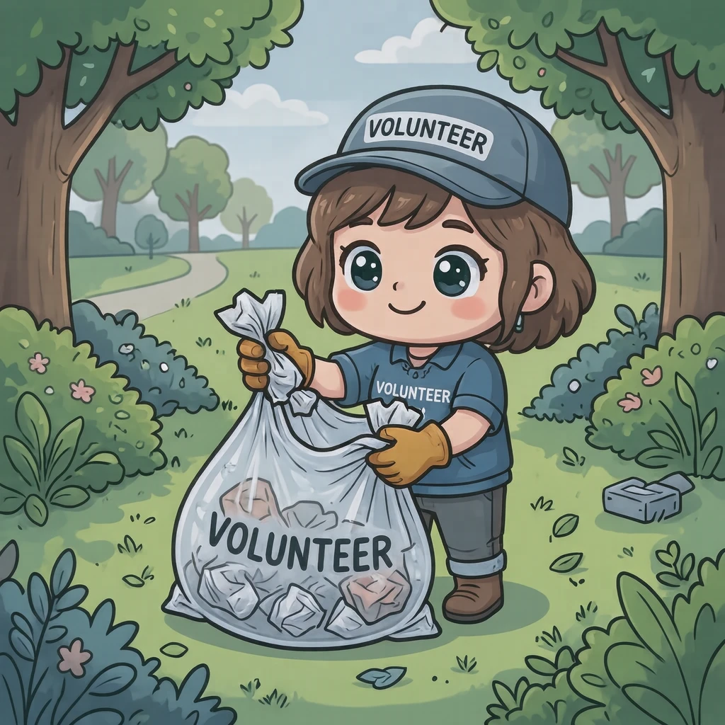 公園でゴミ袋にゴミを入れるボランティアのイラスト（デフォルメ）