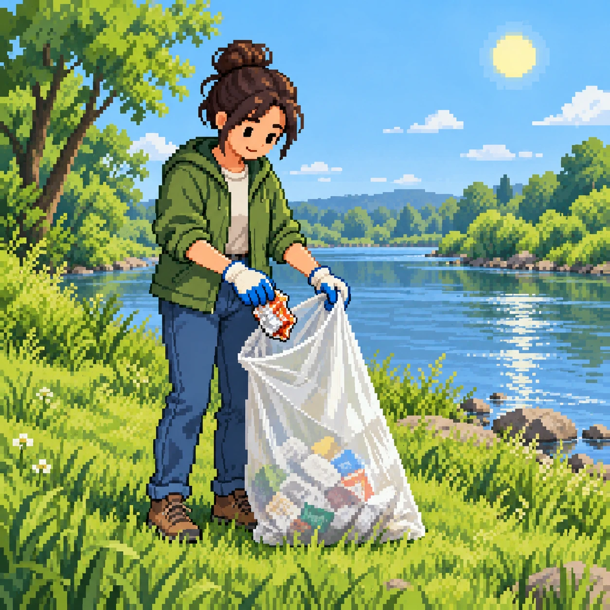 河川敷でゴミ袋にゴミを入れるボランティアのイラスト（ドット絵）