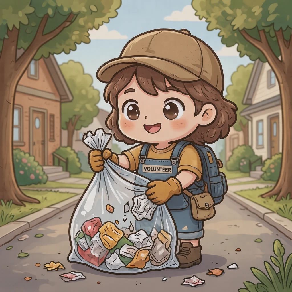 通りでゴミ袋にゴミを入れるボランティアのイラスト（デフォルメ）