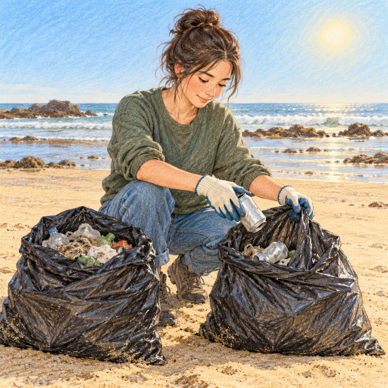 海岸で集めたゴミを分別するボランティアのイラスト（色鉛筆）