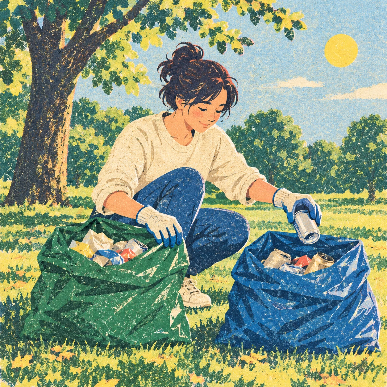 Illustration of one volunteer wearing work gloves crouching beside two filled garbage bags and moving an empty can from one bag to the other, in a leafy park, on a sunny weekend morning (retro print)