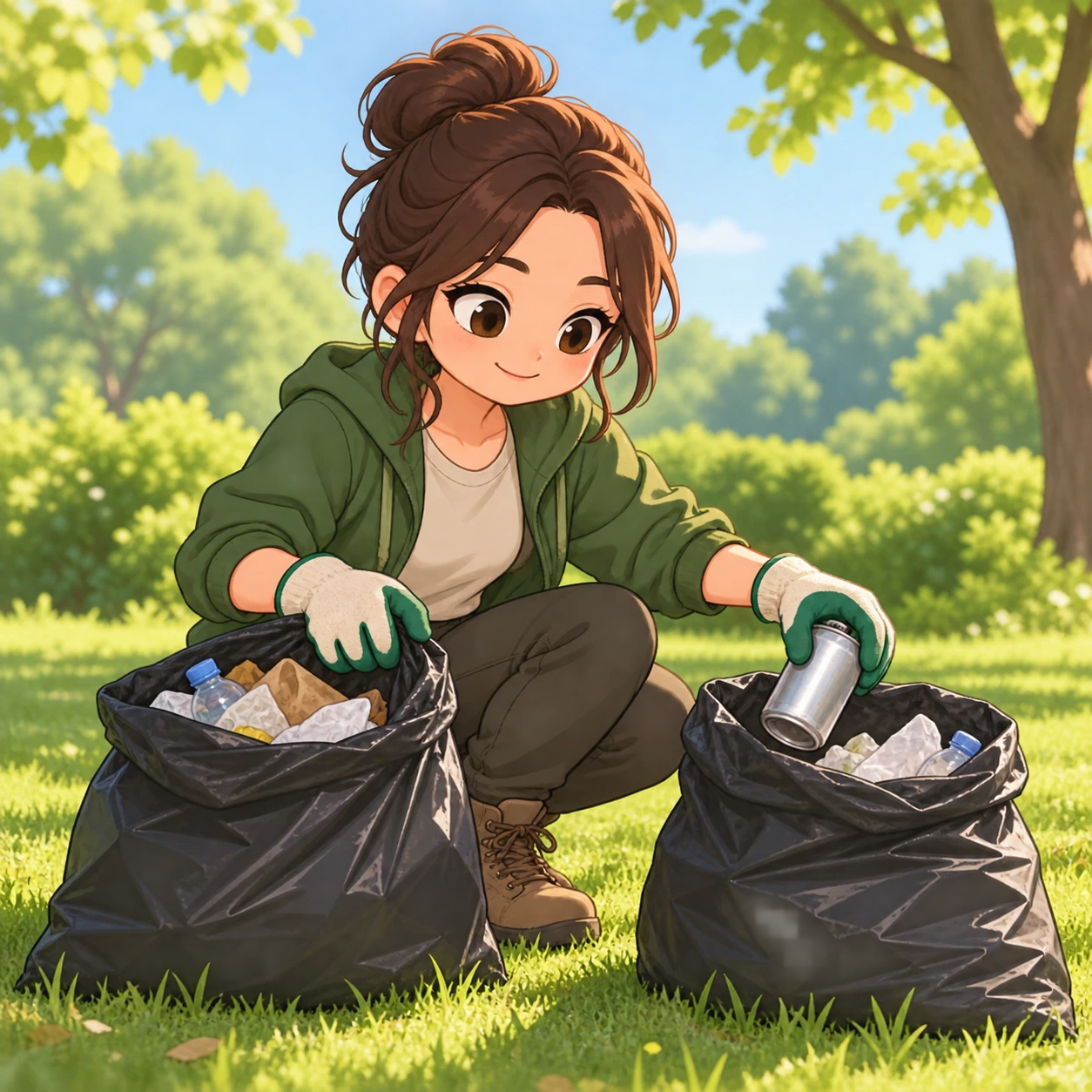 公園で集めたゴミを分別するボランティアのイラスト（デフォルメ）