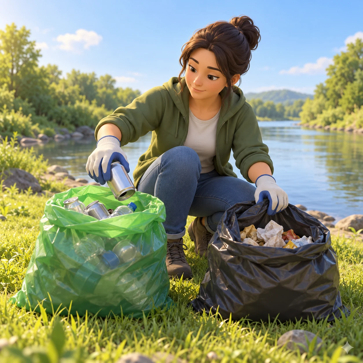 Illustration of one volunteer wearing work gloves crouching beside two filled garbage bags and moving an empty can from one bag to the other, on a grassy riverbank beside a slow river, on a sunny weekend morning (soft 3D)