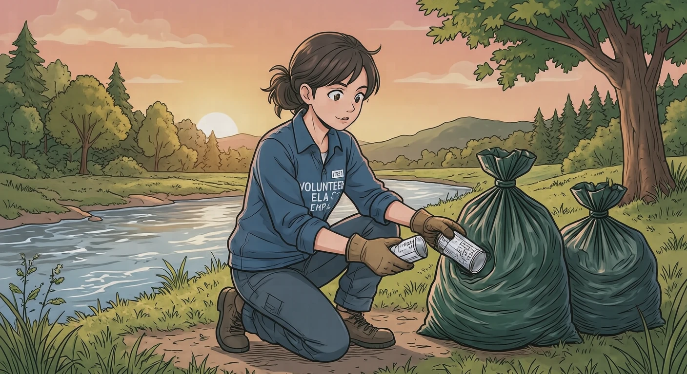 Illustration of one volunteer wearing work gloves crouching beside two filled garbage bags and moving an empty can from one bag to the other, on a grassy riverbank beside a slow river, on a sunny weekend morning (anime cel-shaded)