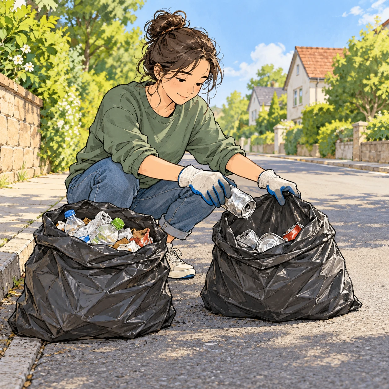 Illustration of one volunteer wearing work gloves crouching beside two filled garbage bags and moving an empty can from one bag to the other, on a quiet residential street, on a sunny weekend morning (hand-drawn)