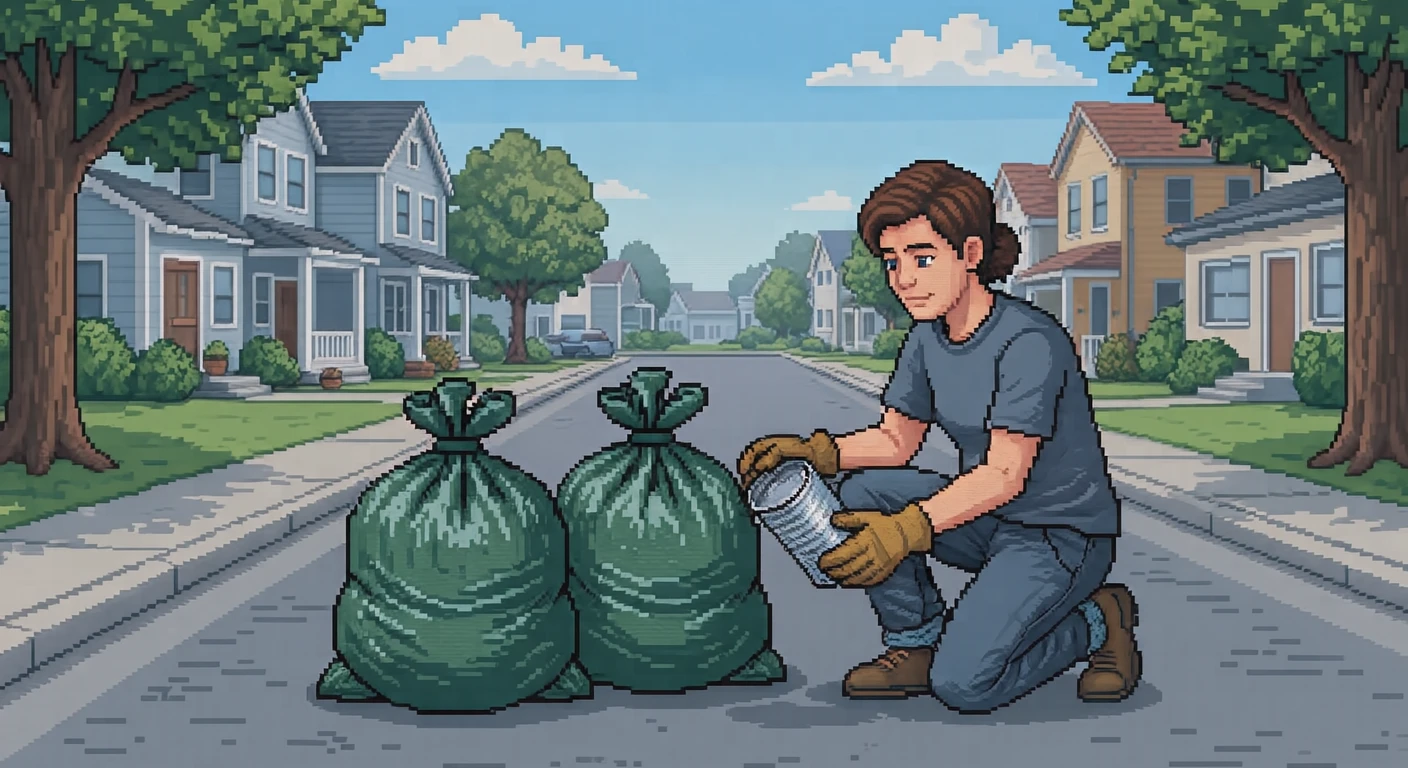 Illustration of one volunteer wearing work gloves crouching beside two filled garbage bags and moving an empty can from one bag to the other, on a quiet residential street, on a sunny weekend morning (pixel art)