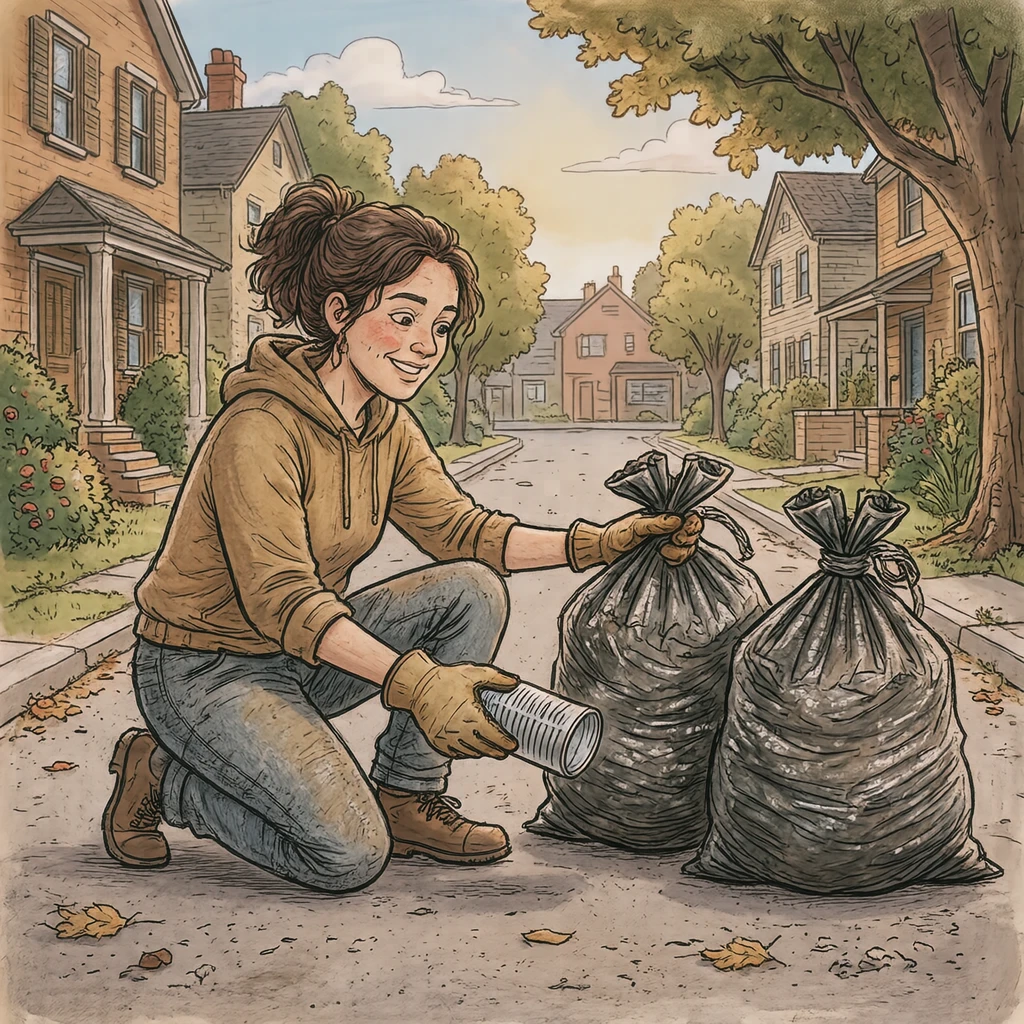 Illustration of one volunteer wearing work gloves crouching beside two filled garbage bags and moving an empty can from one bag to the other, on a quiet residential street, on a sunny weekend morning (hand-drawn)