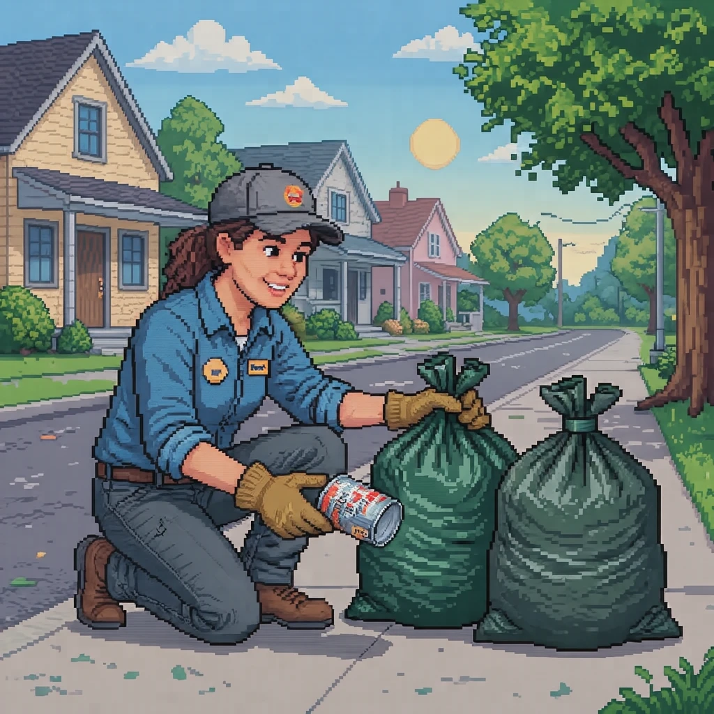Illustration of one volunteer wearing work gloves crouching beside two filled garbage bags and moving an empty can from one bag to the other, on a quiet residential street, on a sunny weekend morning (pixel art)