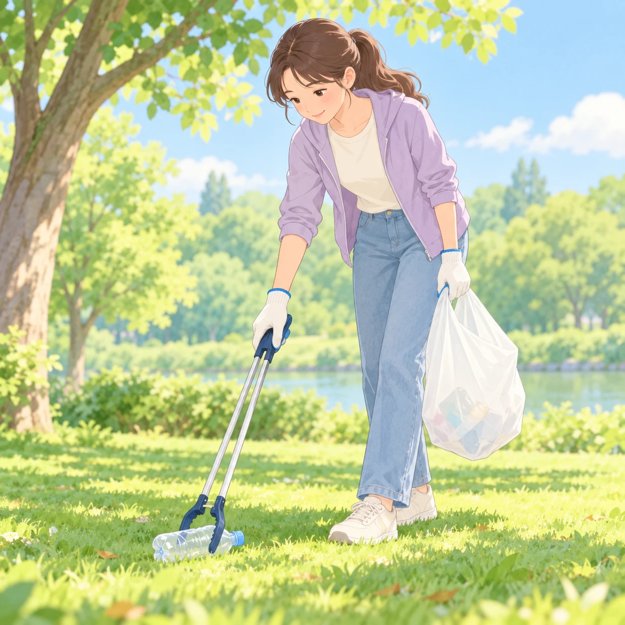 Illustration of one volunteer wearing work gloves bending forward and picking up an empty plastic bottle with long litter tongs, in a leafy park, on a sunny weekend morning (soft pastel)