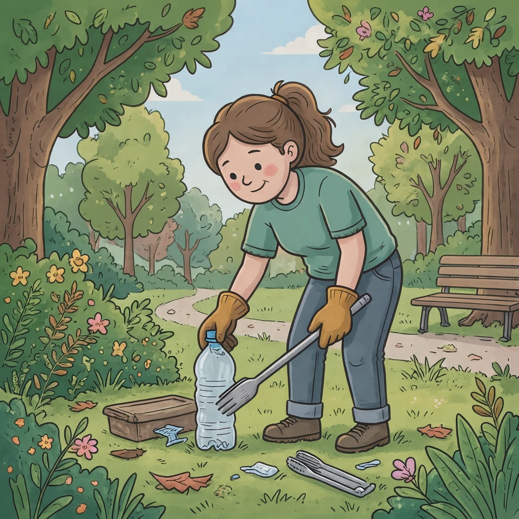 Illustration of one volunteer wearing work gloves bending forward and picking up an empty plastic bottle with long litter tongs, in a leafy park, on a sunny weekend morning (loose cartoon)