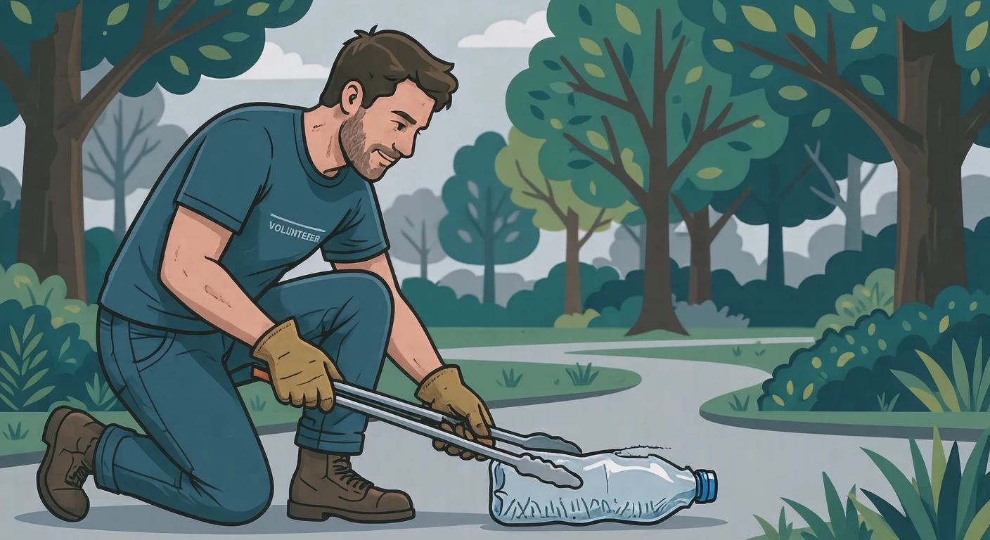 Illustration of one volunteer wearing work gloves bending forward and picking up an empty plastic bottle with long litter tongs, in a leafy park, on a sunny weekend morning (bold graphic)