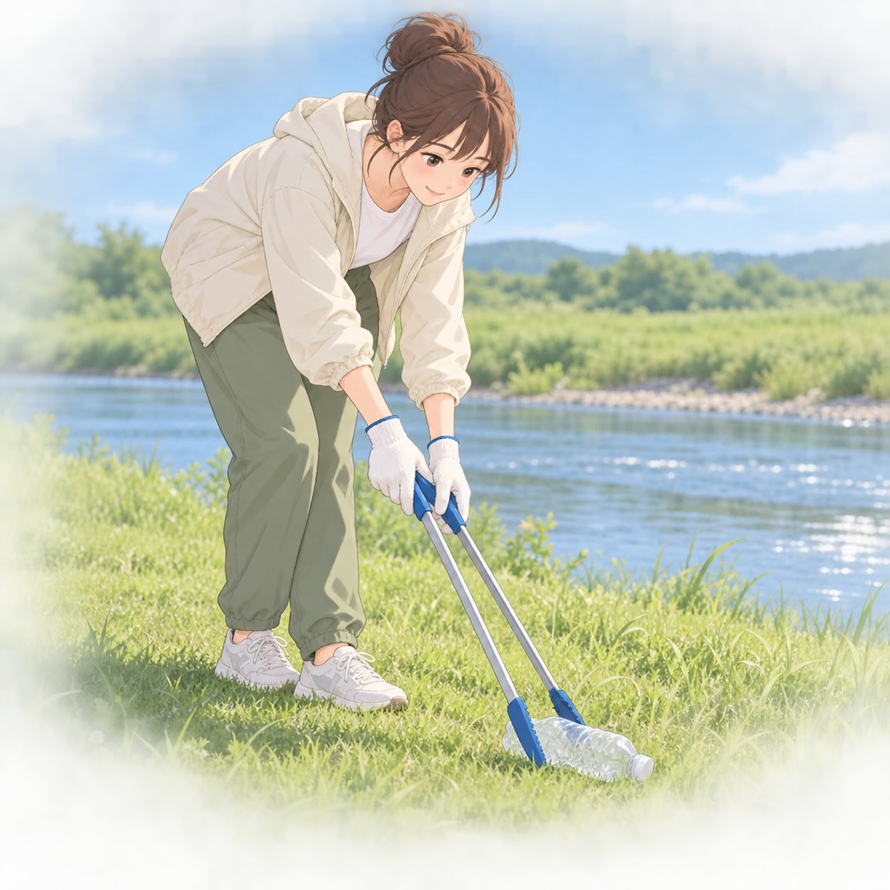河川敷でトングを使ってペットボトルを拾うボランティアのイラスト（ソフトパステル）