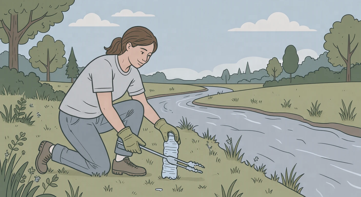 Illustration of one volunteer wearing work gloves bending forward and picking up an empty plastic bottle with long litter tongs, on a grassy riverbank beside a slow river, on a sunny weekend morning (simple line art)