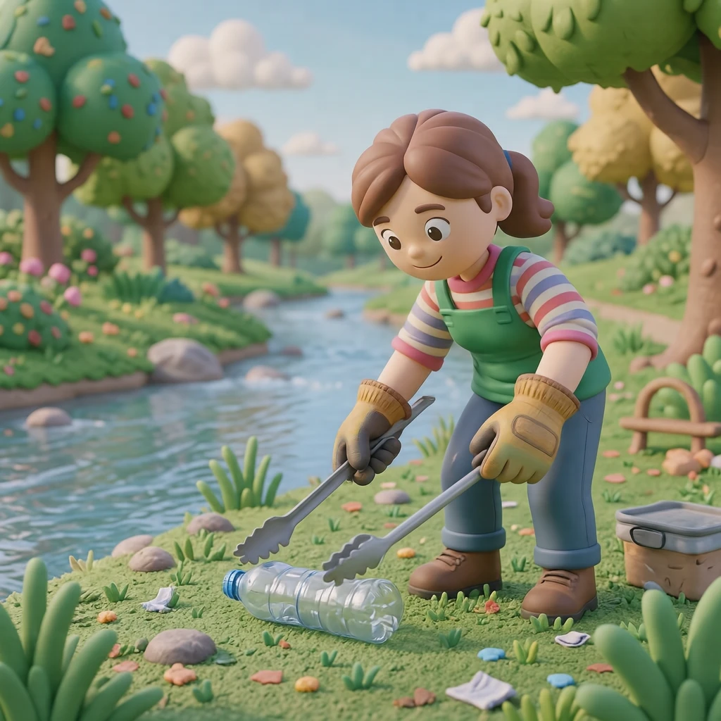 Illustration of one volunteer wearing work gloves bending forward and picking up an empty plastic bottle with long litter tongs, on a grassy riverbank beside a slow river, on a sunny weekend morning (soft 3D)