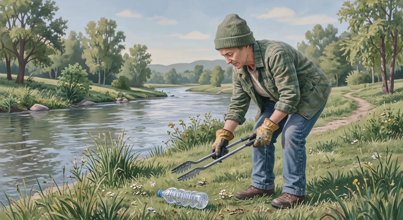 Illustration of one volunteer wearing work gloves bending forward and picking up an empty plastic bottle with long litter tongs, on a grassy riverbank beside a slow river, on a sunny weekend morning (gouache)