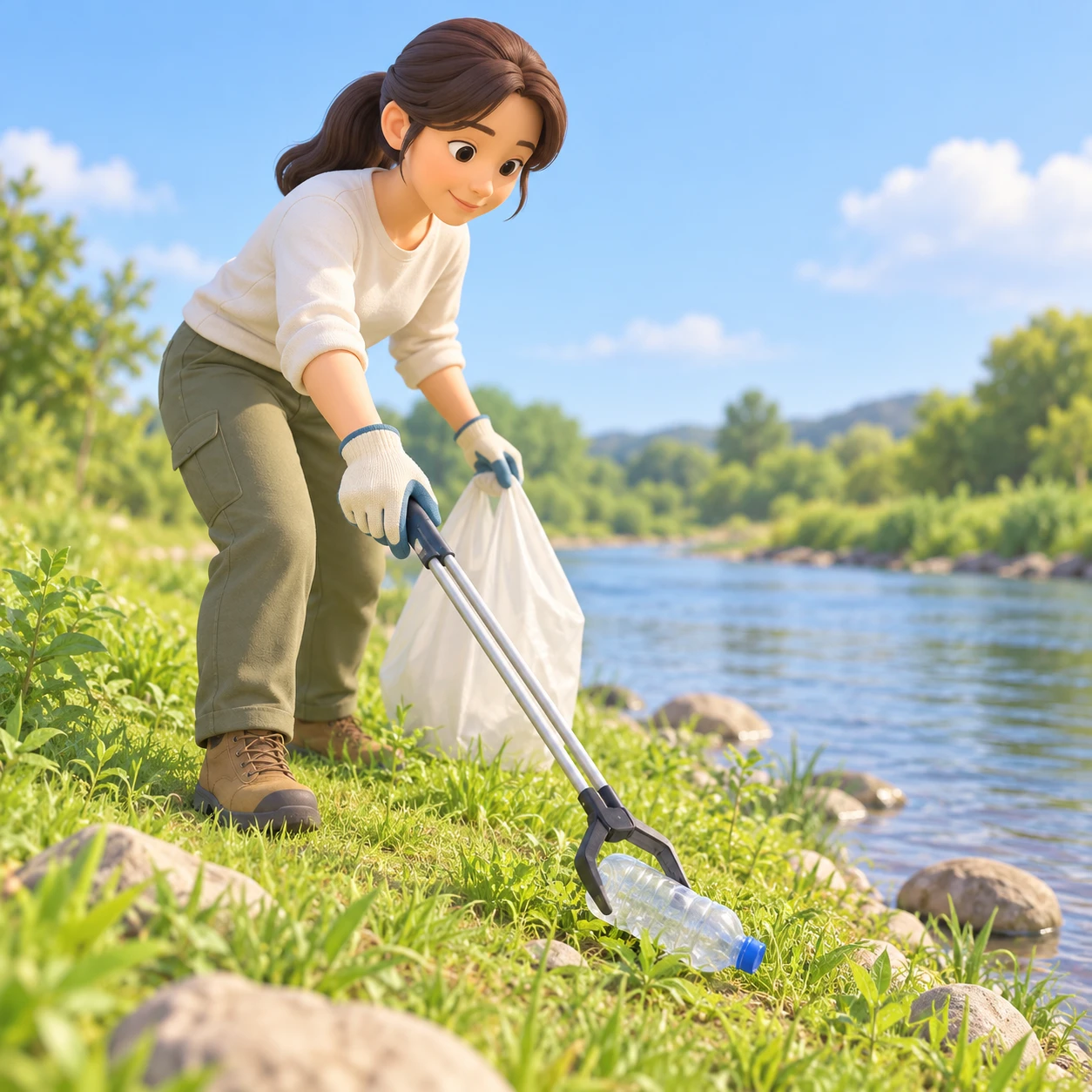 Illustration of one volunteer wearing work gloves bending forward and picking up an empty plastic bottle with long litter tongs, on a grassy riverbank beside a slow river, on a sunny weekend morning (soft 3D)