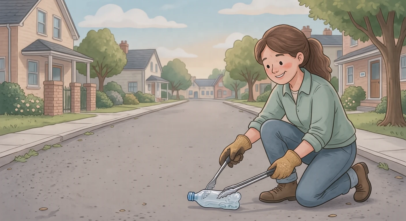 Illustration of one volunteer wearing work gloves bending forward and picking up an empty plastic bottle with long litter tongs, on a quiet residential street, on a sunny weekend morning (soft pastel)