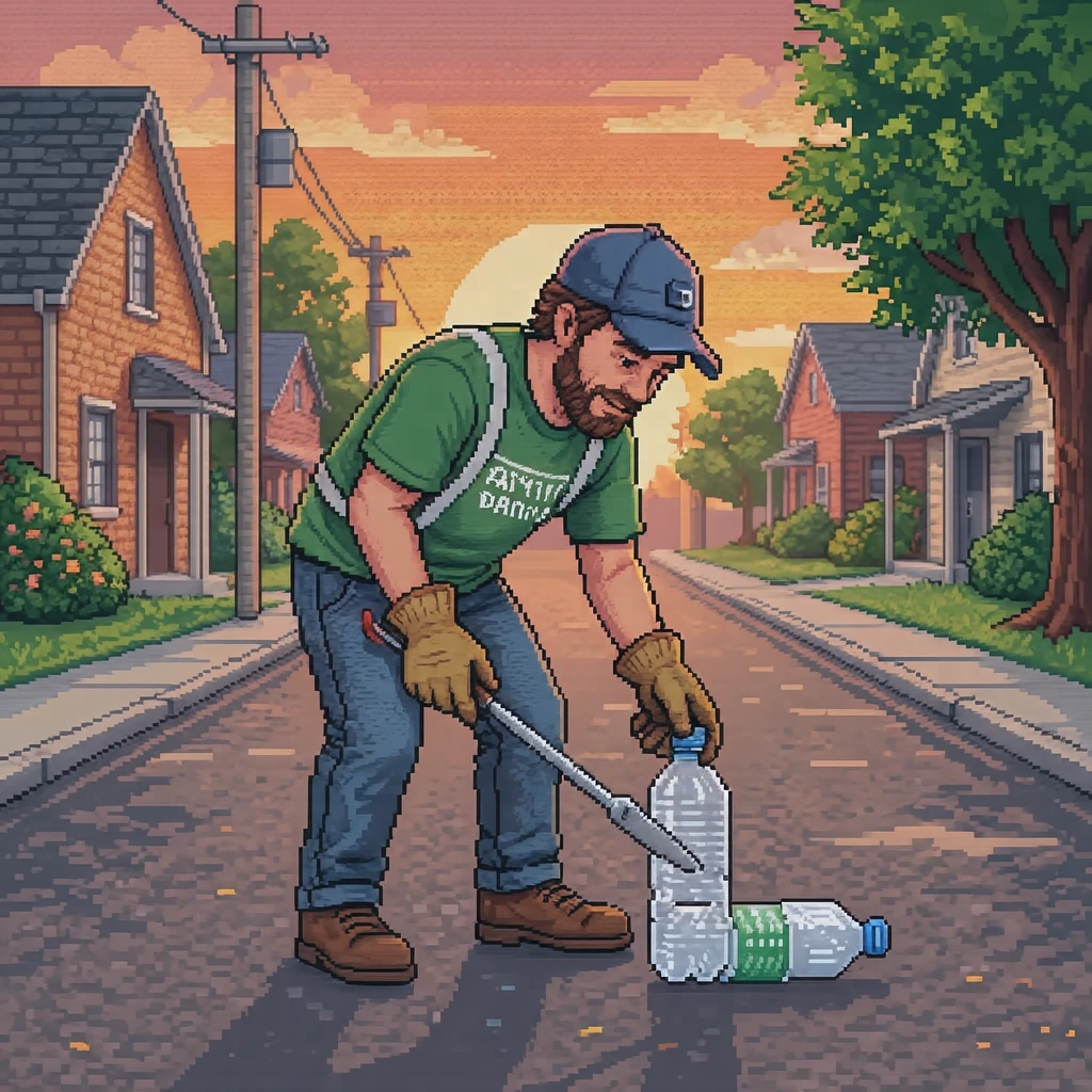 Illustration of one volunteer wearing work gloves bending forward and picking up an empty plastic bottle with long litter tongs, on a quiet residential street, on a sunny weekend morning (pixel art)