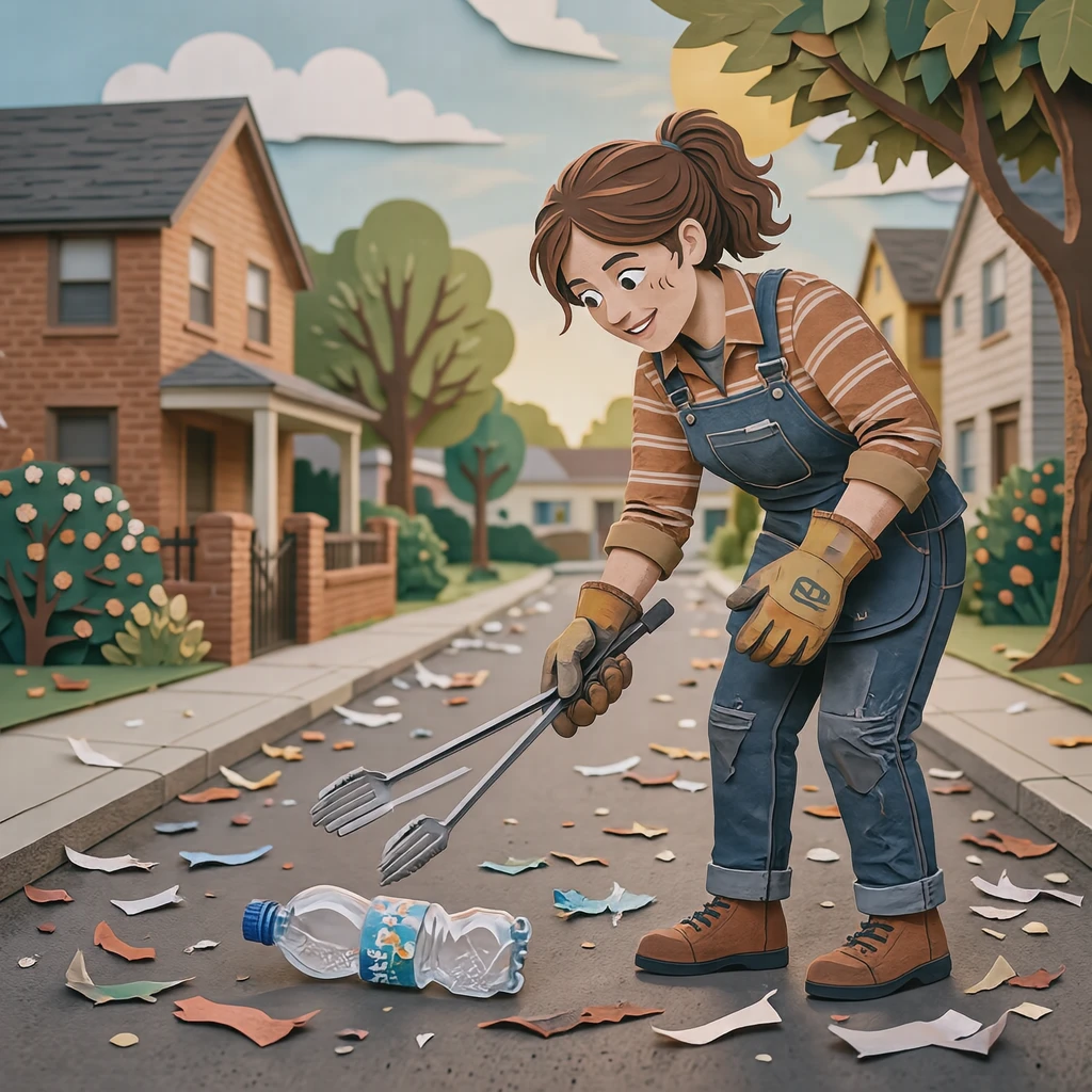 Illustration of one volunteer wearing work gloves bending forward and picking up an empty plastic bottle with long litter tongs, on a quiet residential street, on a sunny weekend morning (paper cut-out)